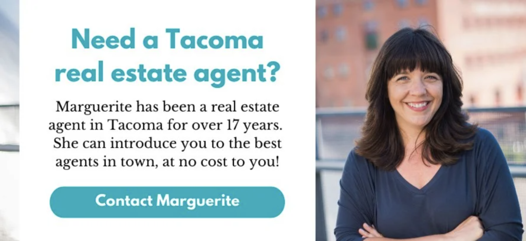 a picture of tacoma real estate agent marguerite martin with her arms crossed, text says "neet a tacoma real estate agent? Marguerite has been a tacoma real estate agent for over 17 years."